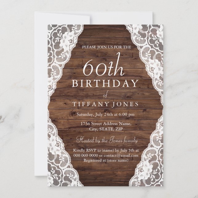 Vintage Rustic Wood Lace 60th birthday Invite (Front)