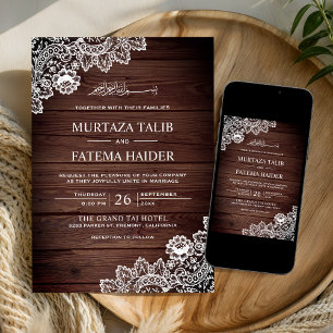 Vintage Rustic Wood Lace Islamic Muslim Wedding Invitation