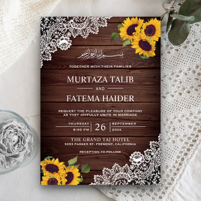 Vintage Rustic Wood Lace Sunflower Islamic Wedding Invitation (Creator Uploaded)