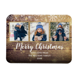Vintage Rustic Wood Merry Christmas 3 Photo Magnet