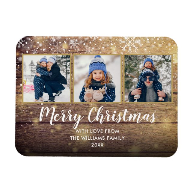 Vintage Rustic Wood Merry Christmas 3 Photo Magnet (Horizontal)