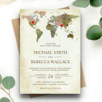 Vintage Rustic World Map Travelling Hearts Wedding