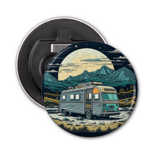 Vintage RV in the Mountains with Full Moon Bottle Opener