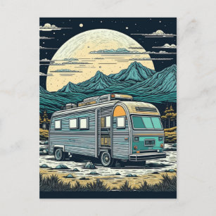 Vintage RV in the Mountains with Full Moon Postcard