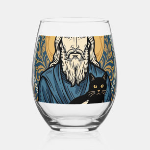 Vintage Sacred Cat Portrait Vector Shirt Design_1 Stemless Wine Glass