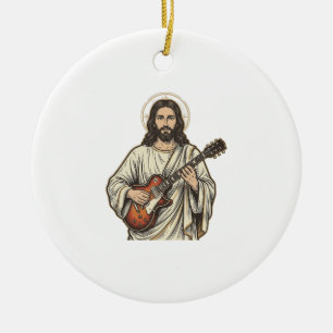 Vintage Sacred Guitarist Engraving Shirt Design_1 Ceramic Tree Decoration