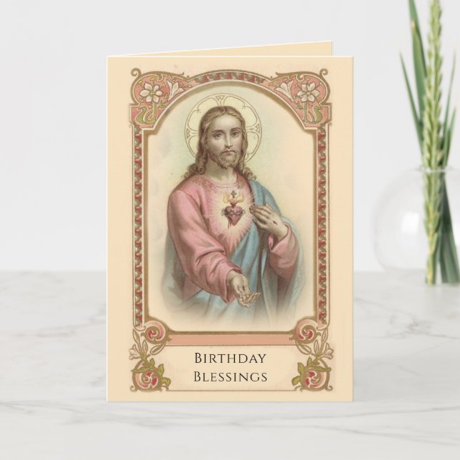 Vintage Sacred Heart of Jesus Religious Birthday Card (Front)