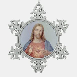 Vintage Sacred Heart of Jesus Snowflake Pewter Christmas Ornament