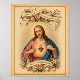 Vintage Sacred Heart of Jesus w St. Therese Prayer Poster