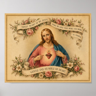 Vintage Sacred Heart of Jesus w St. Therese Prayer Poster