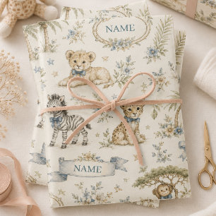 Vintage Safari Baby Animals Floral Custom Name Wrapping Paper Sheet