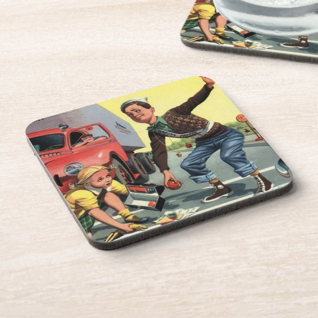 Vintage Safety Patrol Crossing Guard Helping Girl Coaster (Left Side)