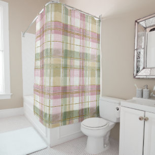 Vintage Sage and Pink Plaid Watercolor Shower Curtain
