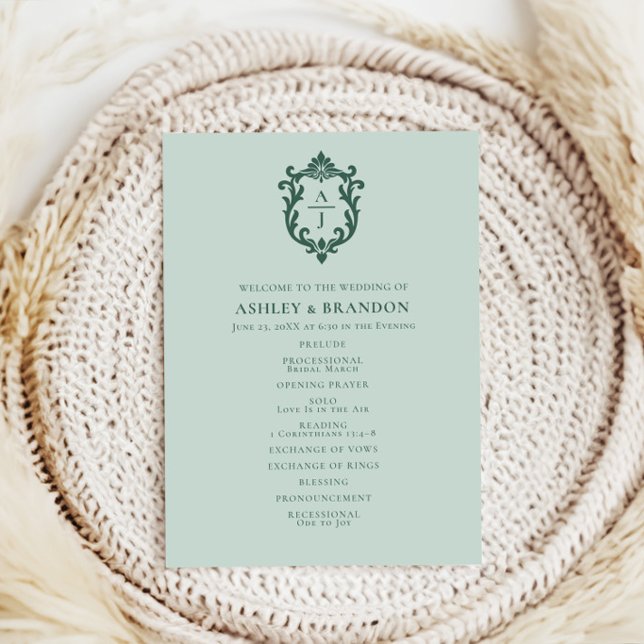 Vintage Sage Crest Monogram Wedding Program Programme (Creator Uploaded)