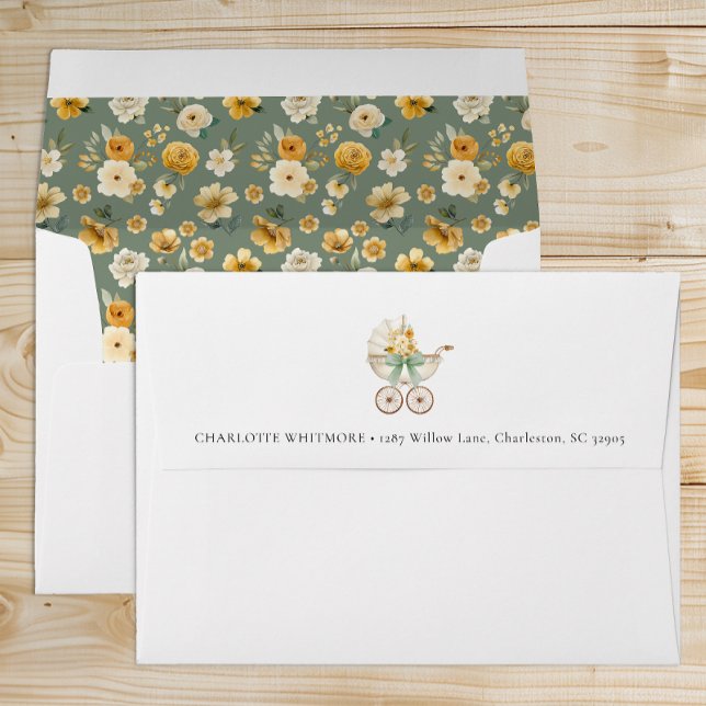Vintage Sage Floral Carriage Envelope (Vintage Pram Baby Shower Envelope )