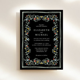 Vintage Sage Garden Watercolor Black Wedding Invitation