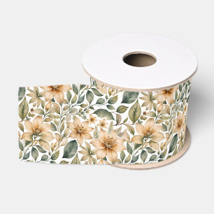 Vintage Sage Green and Beige Watercolor Flower Grosgrain Ribbon