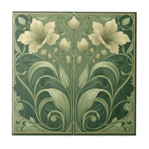 Vintage Sage Green Art Nouveau Floral Tile