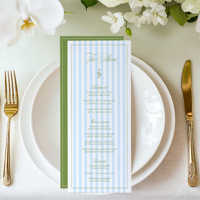 Vintage Sage Green & Blue Striped Wedding Menu (Vintage Sage Green & Blue Striped Wedding Menu)