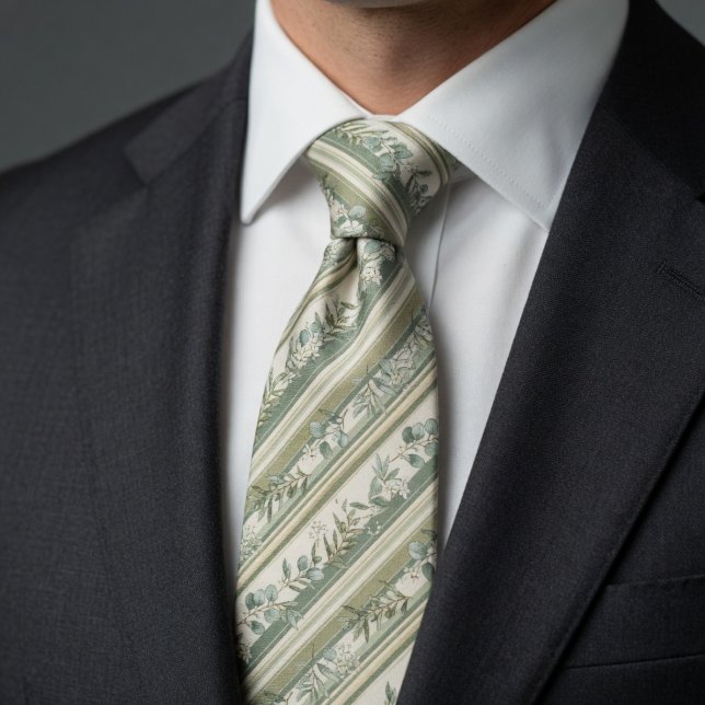 Vintage Sage Green Botanical Stripe Tie (Creator Uploaded)