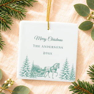 Vintage Sage Green Christmas Toile Horse Sleigh Ceramic Ornament