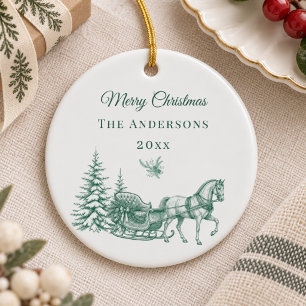 Vintage Sage Green Christmas Toile Horse Sleigh Ceramic Tree Decoration