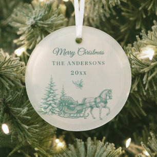 Vintage Sage Green Christmas Toile Horse Sleigh Glass Tree Decoration
