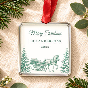 Vintage Sage Green Christmas Toile Horse Sleigh Metal Tree Decoration