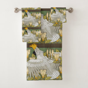 Vintage Sage Green Cockatoo Parrot Magnolia Art Bath Towel Set