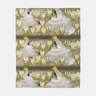 Vintage Sage Green Cockatoo Parrot Magnolia Art Fleece Blanket