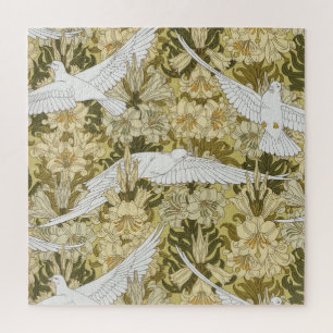 Vintage Sage Green Dove & Lily Floral Pattern Jigsaw Puzzle