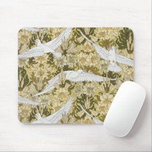 Vintage Sage Green Dove & Lily Floral Pattern Mouse Mat