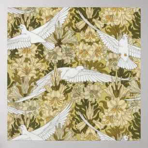 Vintage Sage Green Dove & Lily Floral Pattern Poster