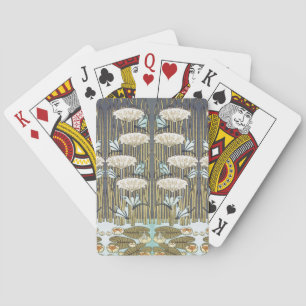 Vintage Sage Green Dragonfly & Lily Art Playing Cards