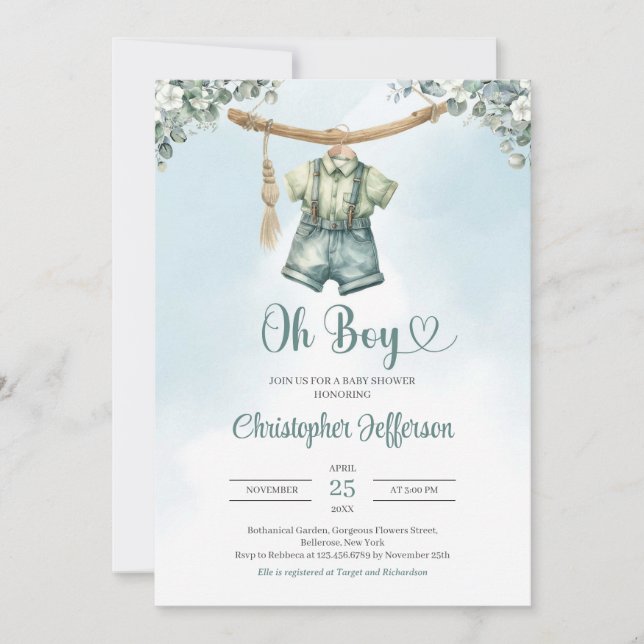 Vintage sage green eucalyptus boy baby clothes invitation (Front)
