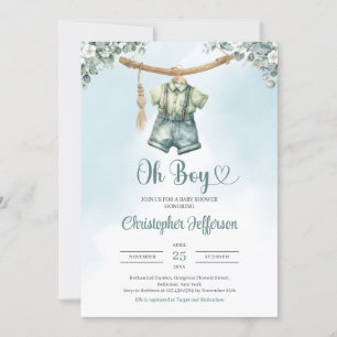 Vintage sage green eucalyptus boy baby clothes invitation