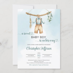 Vintage sage green eucalyptus boy baby clothes invitation