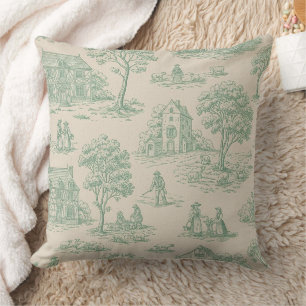 Vintage Sage Green Farmhouse Toile Landscape Cushion