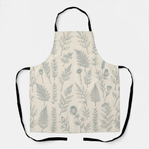Vintage Sage Green Ferns Wildflowers Botanical Apron