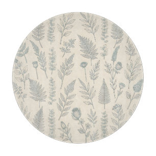 Vintage Sage Green Ferns Wildflowers Botanical Cutting Board