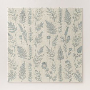 Vintage Sage Green Ferns Wildflowers Botanical Jigsaw Puzzle