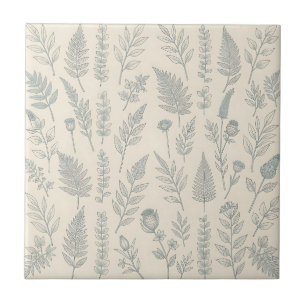 Vintage Sage Green Ferns Wildflowers Botanical Tile