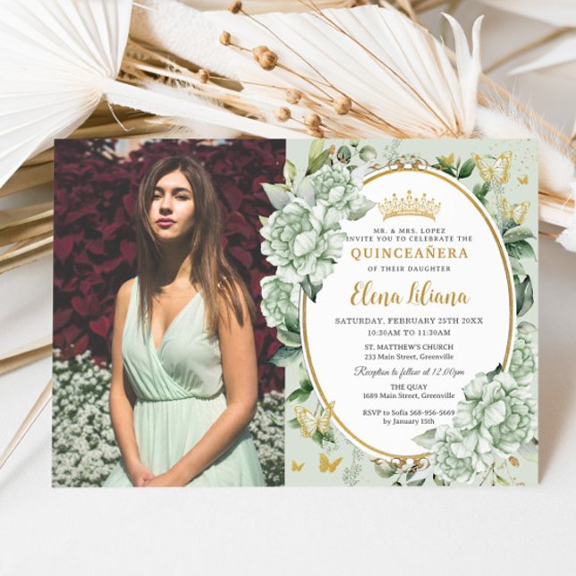 Vintage Sage Green Floral Butterflies Quinceañera  Invitation (Creator Uploaded)