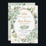 Vintage Sage Green Floral Butterflies Quinceañera  Save The Date<br><div class="desc">Personalise this vintage chic sage green floral Quinceañera / Sweet 16 birthday save the date easily and quickly. Simply click the customise it further button to edit the texts, change fonts and fonts colours. Featuring soft watercolor sage green flowers, butterflies and a gold trimmed oval space to put all your...</div>