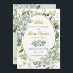 Vintage Sage Green Floral Butterflies Quinceañera  Save The Date<br><div class="desc">Personalise this vintage chic sage green floral Quinceañera / Sweet 16 birthday save the date easily and quickly. Simply click the customise it further button to edit the texts, change fonts and fonts colours. Featuring soft watercolor sage green flowers, butterflies and a gold trimmed oval space to put all your...</div>