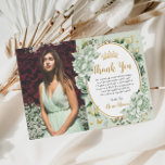 Vintage Sage Green Floral Butterflies Quinceanera  Thank You Card<br><div class="desc">Personalise this vintage chic sage green floral Quinceañera / Sweet 16 birthday photograph thank you card easily and quickly. Simply click the customise it further button to edit the texts, change fonts and fonts colours. Featuring soft watercolor sage green flowers, butterflies and a gold trimmed oval space to put all...</div>