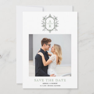Vintage sage green floral crest monogram photo save the date