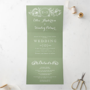 Vintage sage green floral frame wedding  Tri-Fold invitation