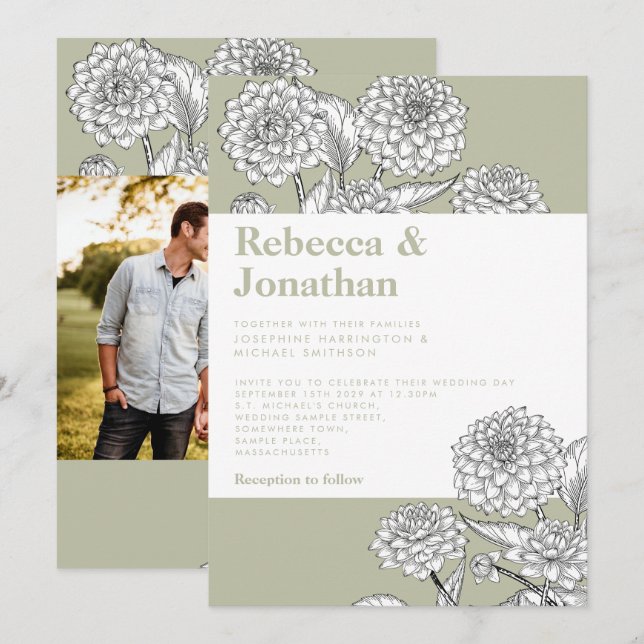Vintage Sage Green Floral Photo Wedding Invitation (Front/Back)