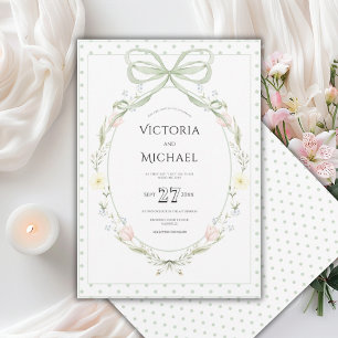 Vintage Sage Green Floral Wreath Wedding Invitation